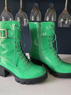 Patent Combat Boots — Bright Green Women's Lace-Up Boots